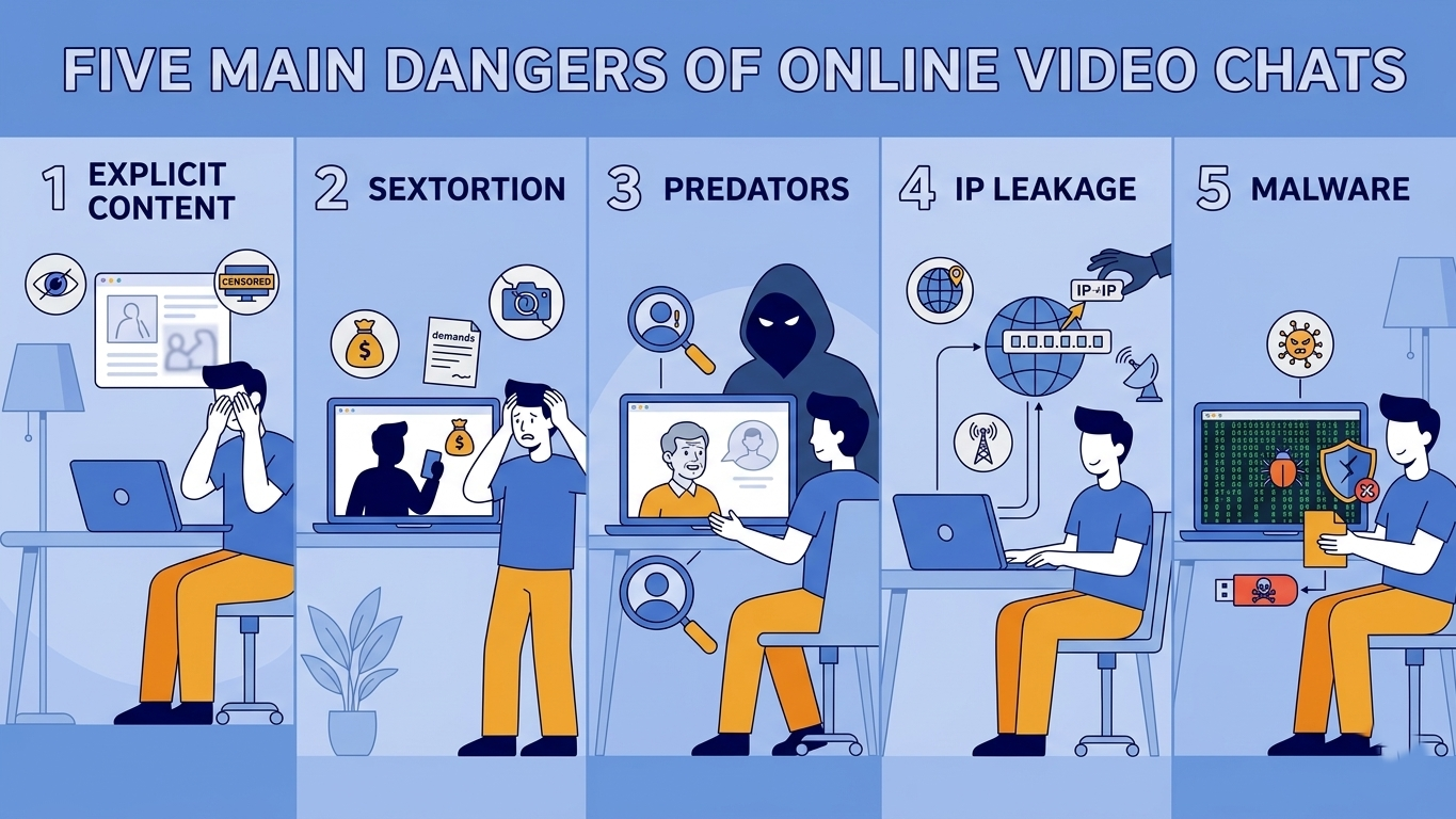 Infographic showing five main dangers of Omegle: explicit content, sextortion, predators, IP leakage, malware